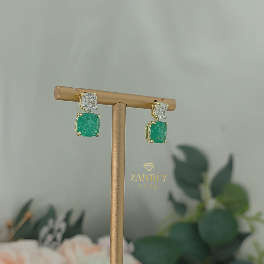 Green Cubic Zirconia Square Drop Earrings | Gold Party Jewelry