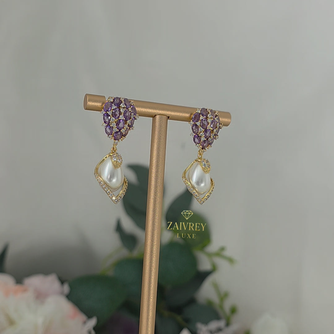 Purple Cubic Zirconia & Pearl Drop Earrings | Gold Bridal Jewelry