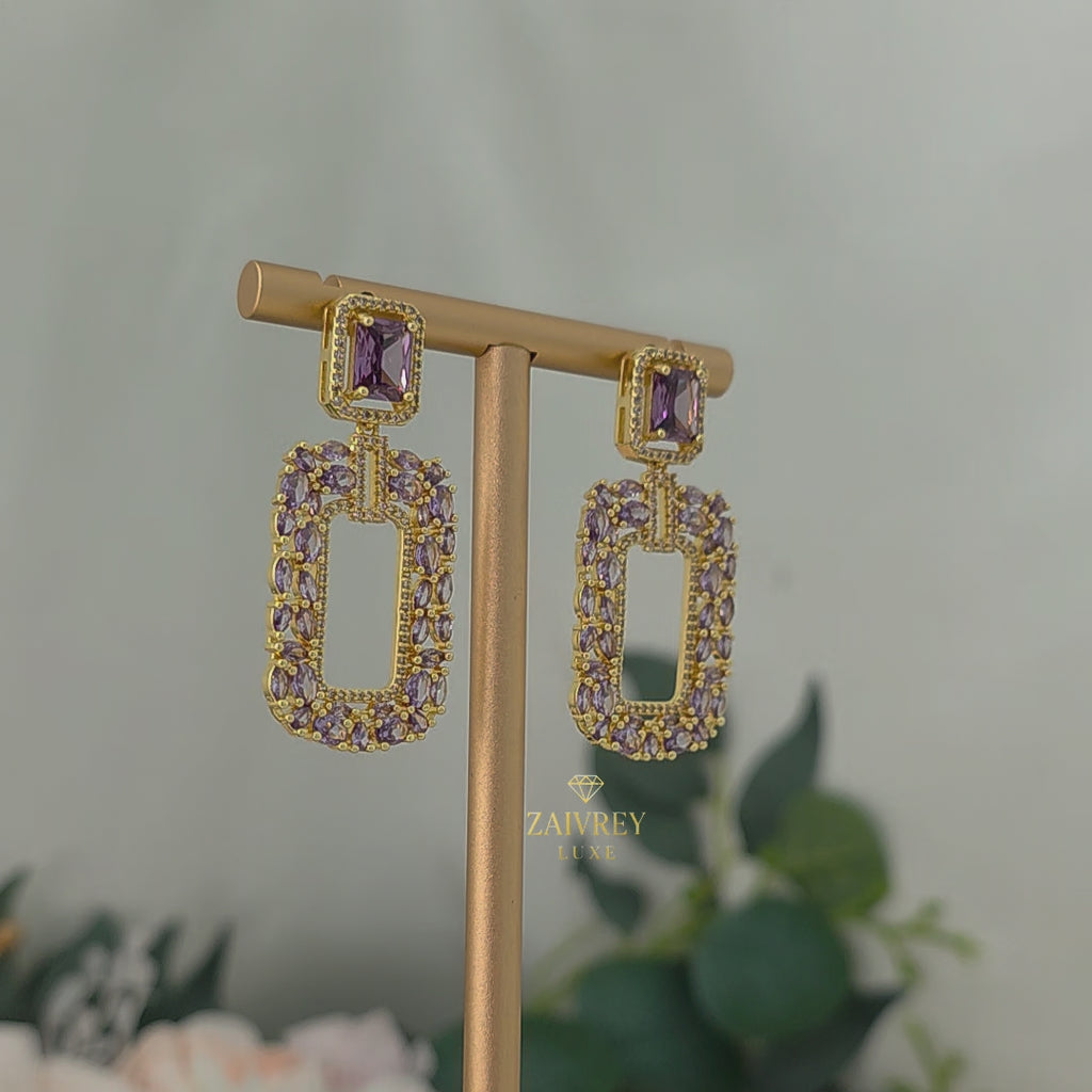 Purple Cubic Zirconia Rectangle Drop Earrings | Gold Bridal & Party Jewelry