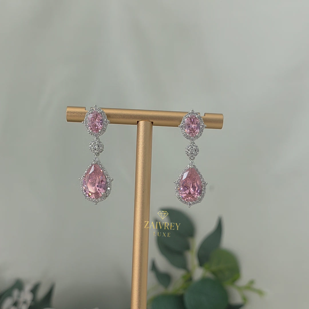Pink Cubic Zirconia Halo Teardrop Earrings | Silver Bridal & Party Jewelry
