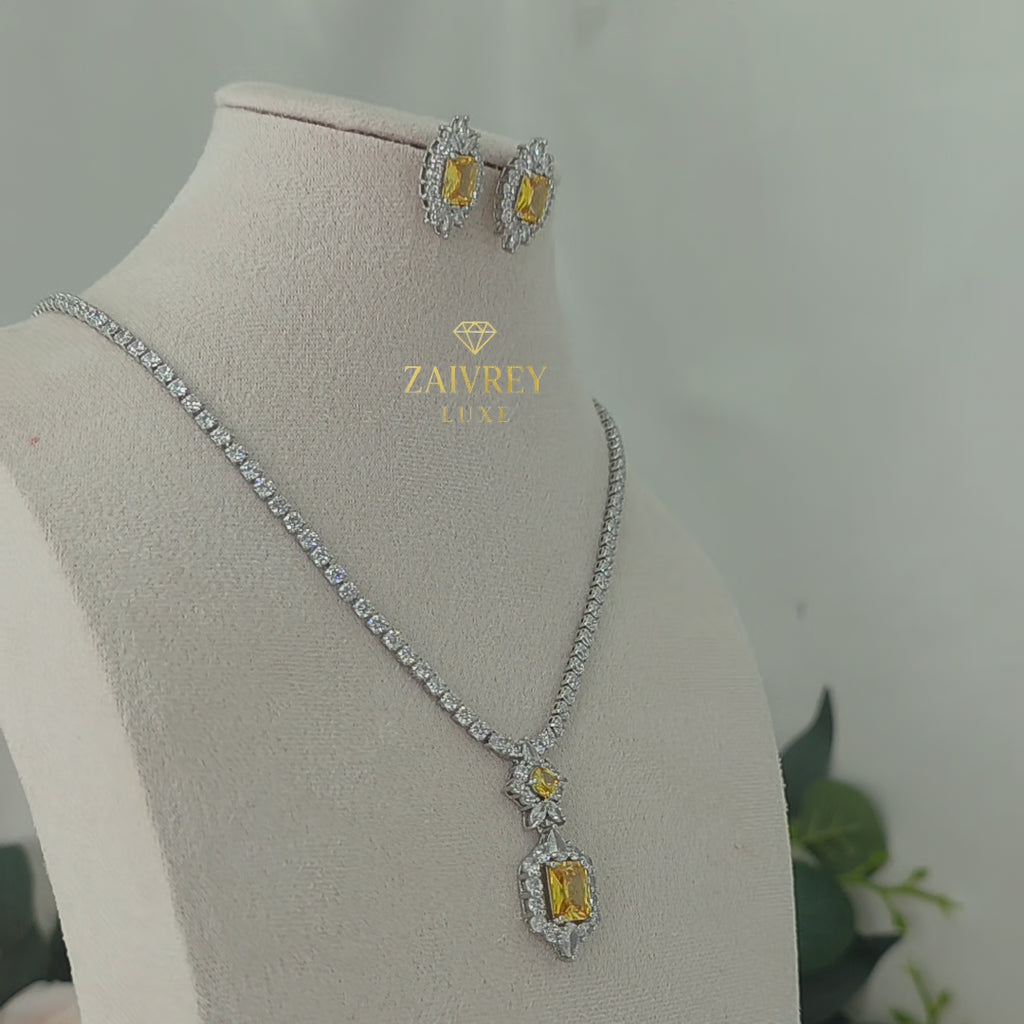 Yellow Cubic Zirconia Tennis Necklace & Earrings Set | Silver Bridal Jewelry