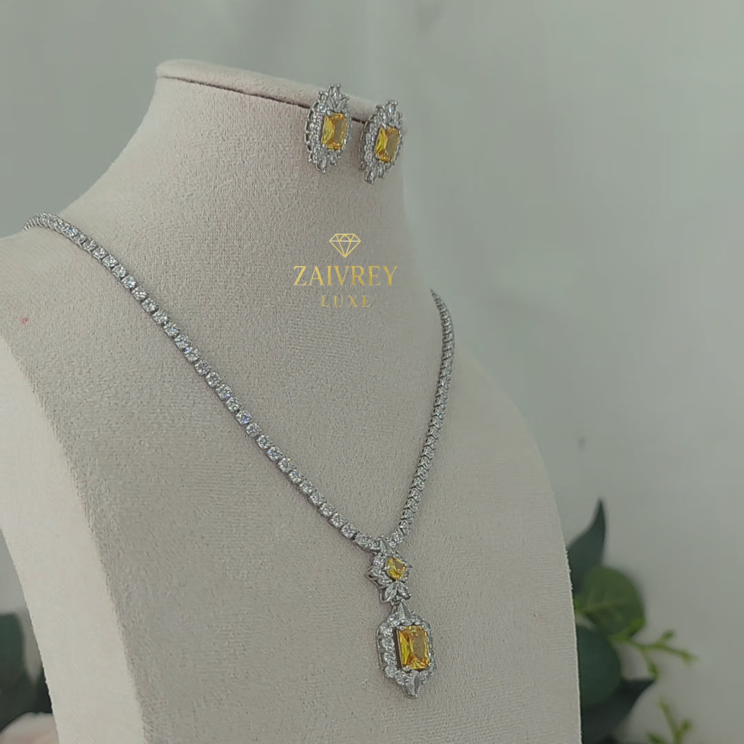 Yellow Cubic Zirconia Tennis Necklace & Earrings Set | Silver Bridal Jewelry
