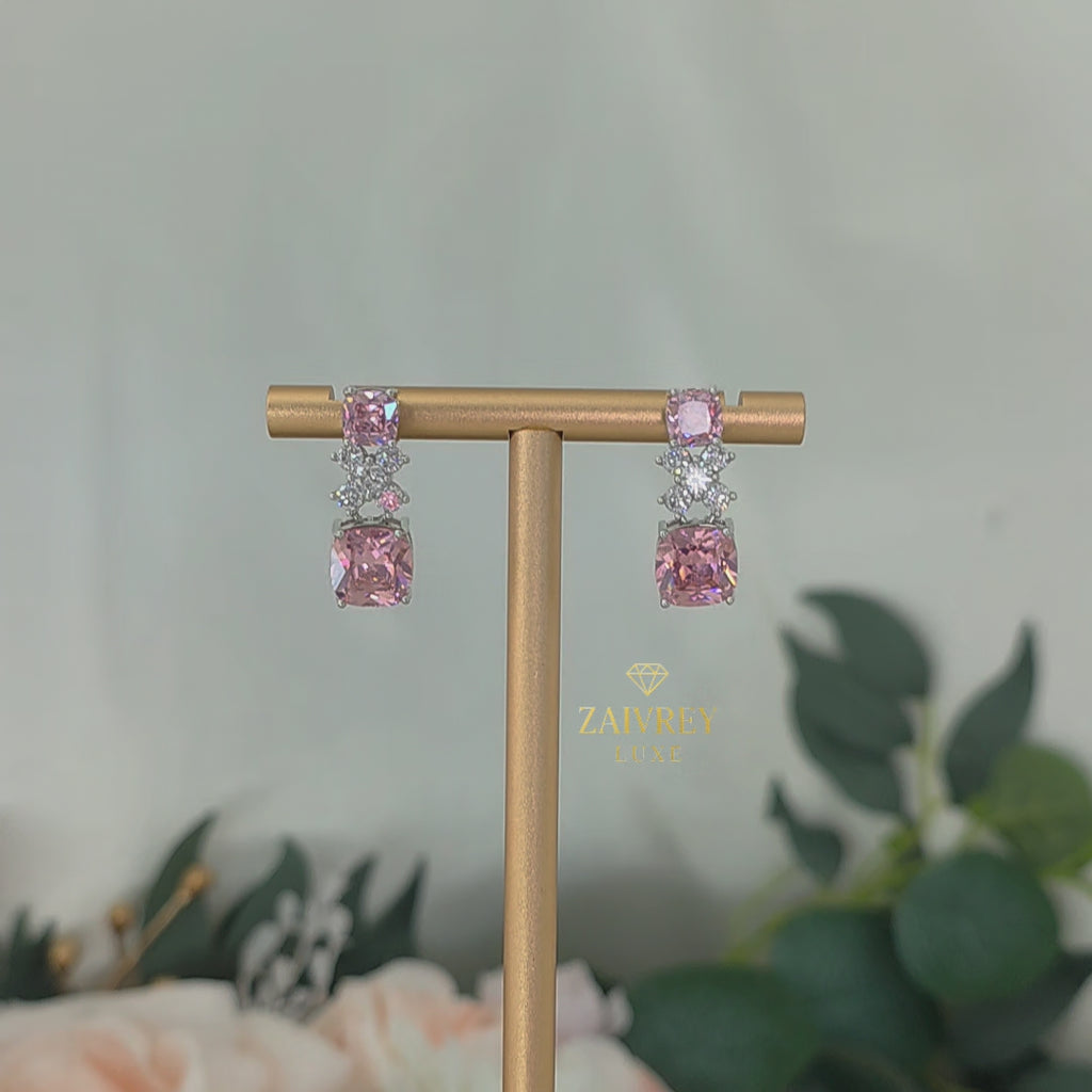 Pink Cubic Zirconia Square Drop Earrings | Silver Bridal & Party Jewelry