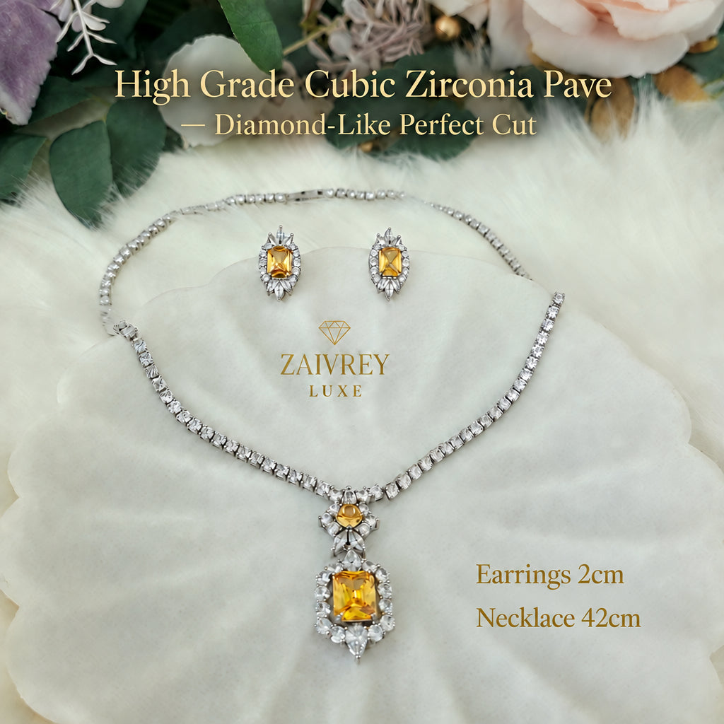 Yellow Cubic Zirconia Tennis Necklace & Earrings Set | Silver Bridal Jewelry