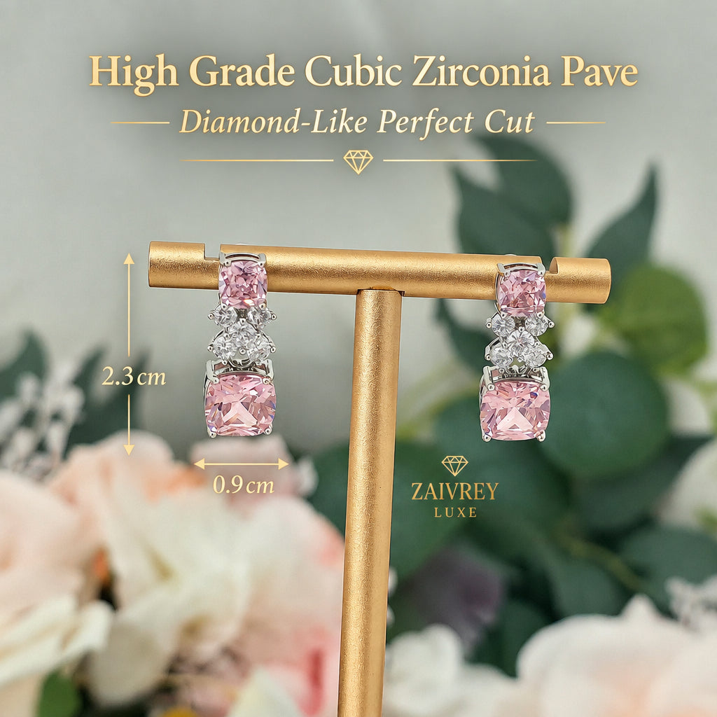 Pink Cubic Zirconia Square Drop Earrings | Silver Bridal & Party Jewelry