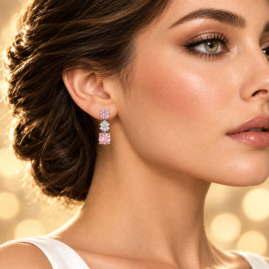 Pink Cubic Zirconia Square Drop Earrings | Silver Bridal & Party Jewelry