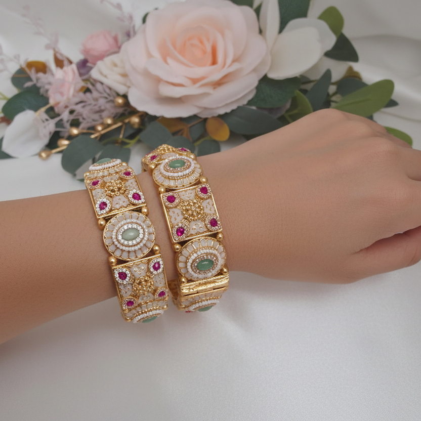 Sheesh Mahal Ivory Kundan Bangles (Set of 2)