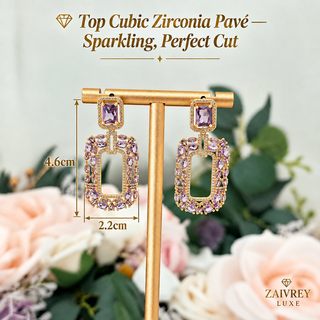Purple Cubic Zirconia Rectangle Drop Earrings | Gold Bridal & Party Jewelry