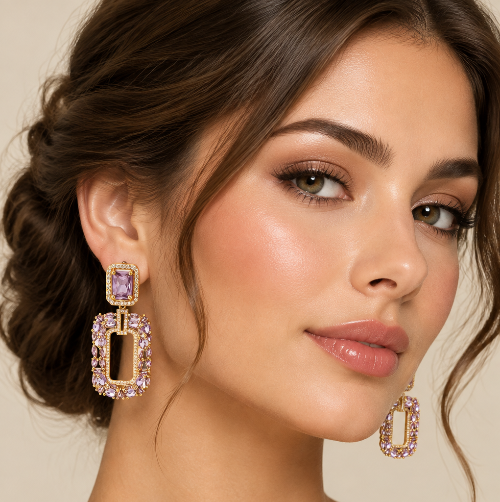 Purple Cubic Zirconia Rectangle Drop Earrings | Gold Bridal & Party Jewelry