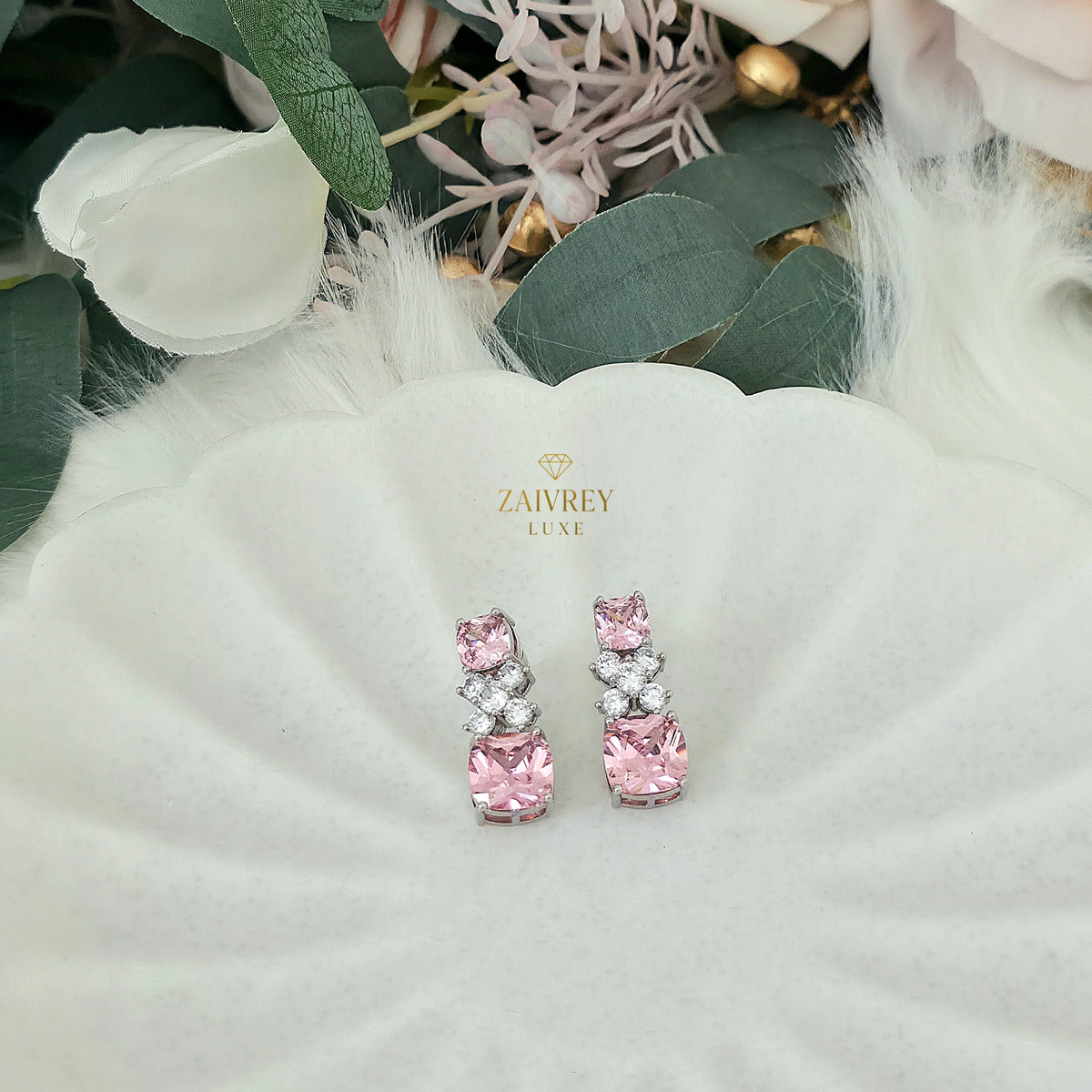 Pink Cubic Zirconia Square Drop Earrings | Silver Bridal & Party Jewelry