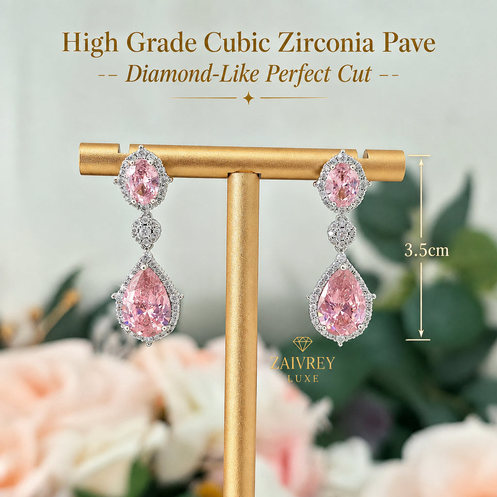 Pink Cubic Zirconia Halo Teardrop Earrings | Silver Bridal & Party Jewelry
