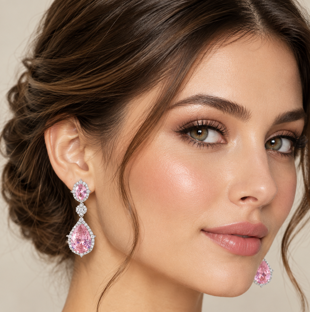 Pink Cubic Zirconia Halo Teardrop Earrings | Silver Bridal & Party Jewelry