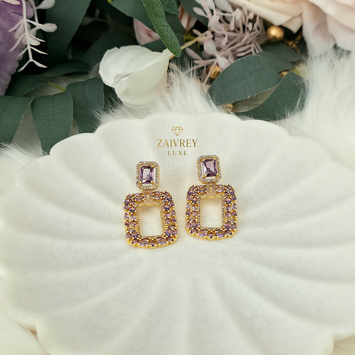 Purple Cubic Zirconia Rectangle Drop Earrings | Gold Bridal & Party Jewelry