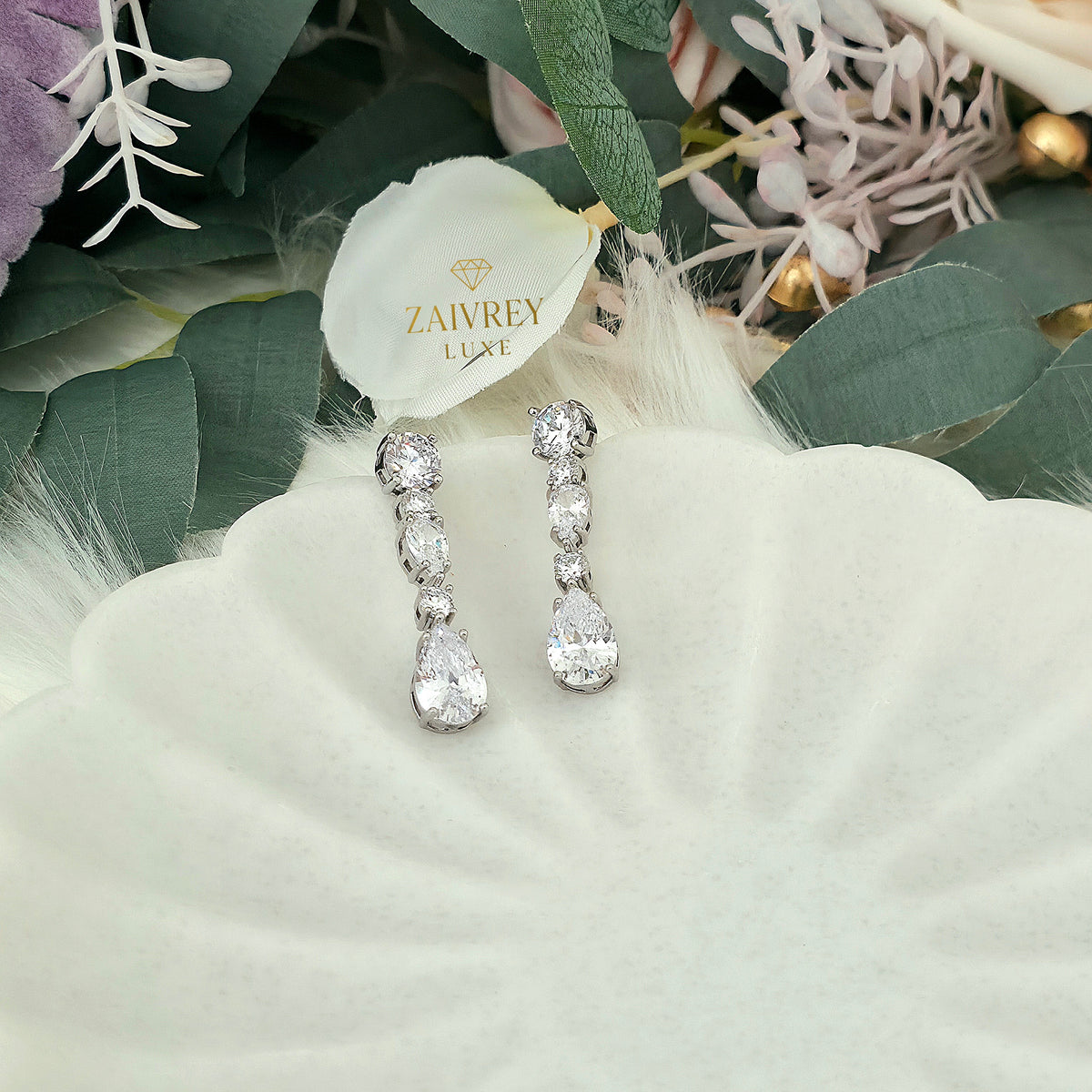 Clear Cubic Zirconia Linear Drop Earrings | Silver Bridal & Wedding Jewelry