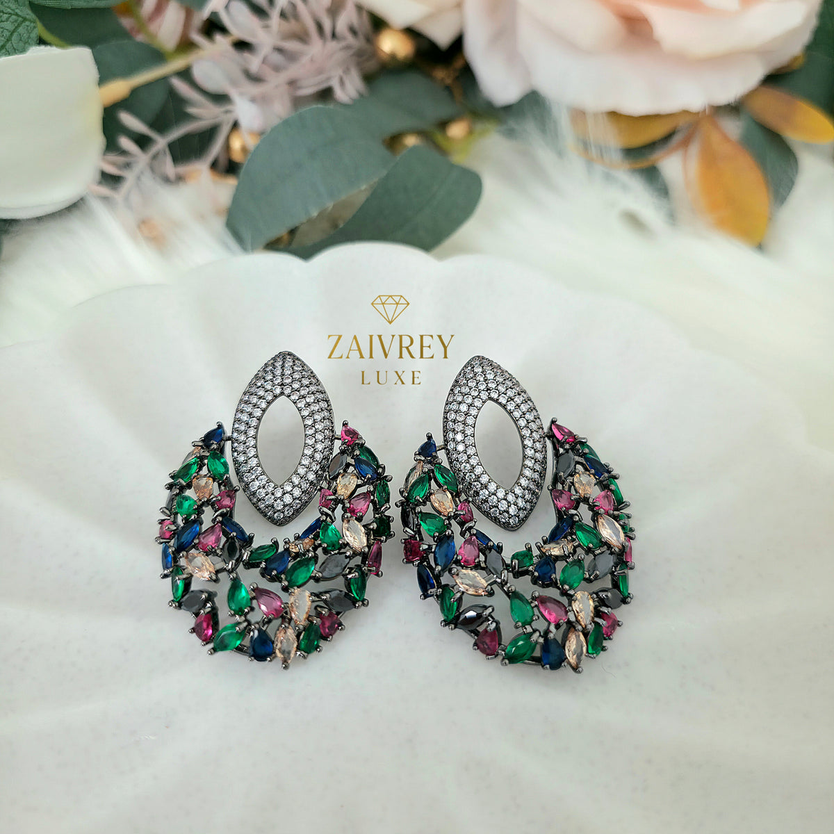 Multicolor Cubic Zirconia Statement Drop Earrings | Bridal & Party Jewelry