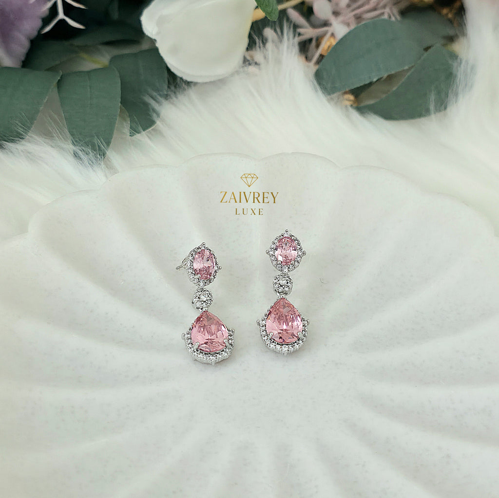 Pink Cubic Zirconia Halo Teardrop Earrings | Silver Bridal & Party Jewelry