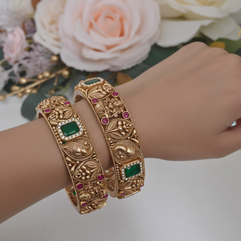 Virasat Emerald Temple Openable Bracelet Pair