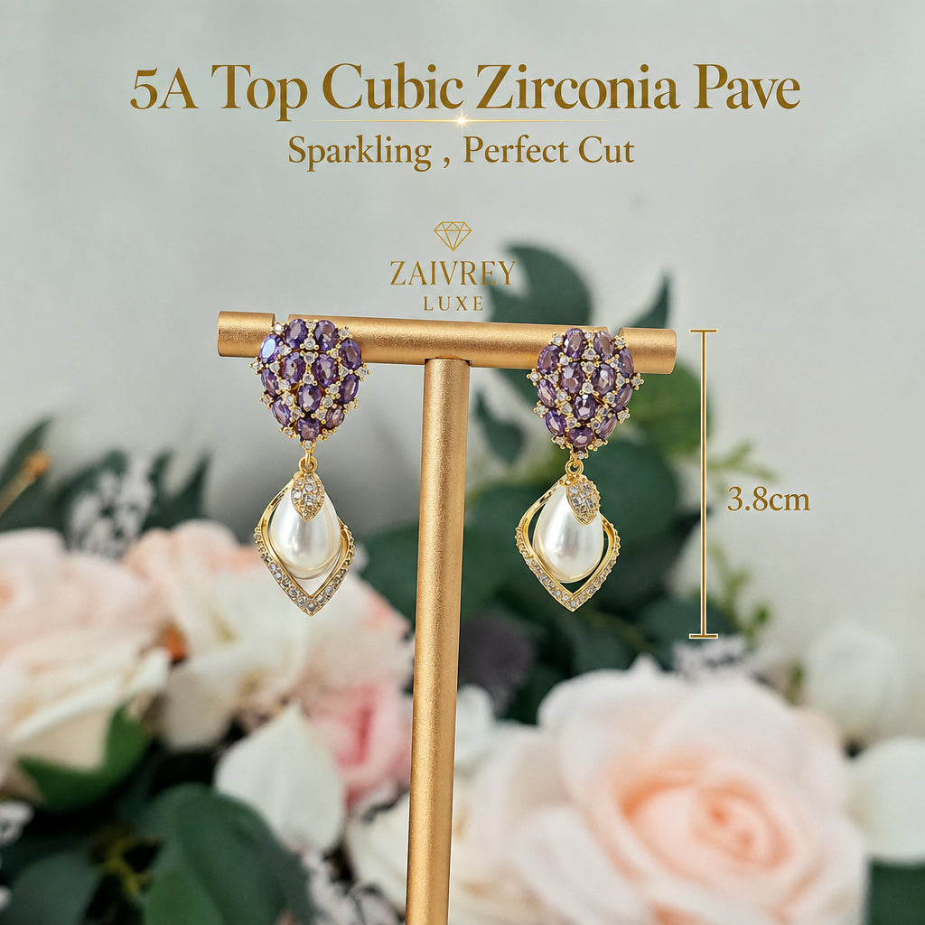 Purple Cubic Zirconia & Pearl Drop Earrings | Gold Bridal Jewelry