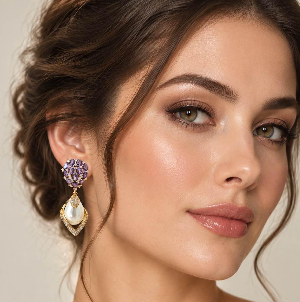 Purple Cubic Zirconia & Pearl Drop Earrings | Gold Bridal Jewelry