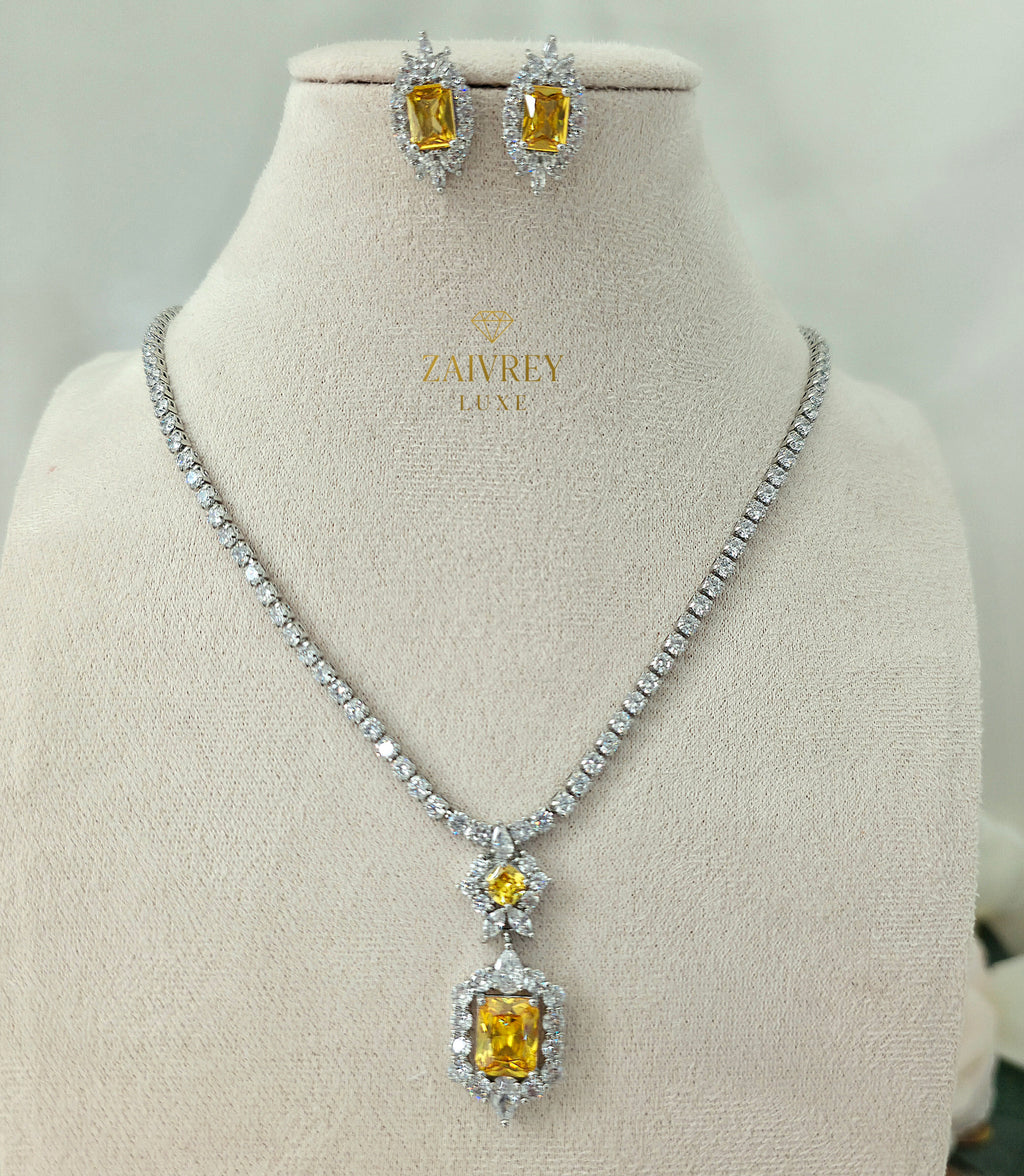 Yellow Cubic Zirconia Tennis Necklace & Earrings Set | Silver Bridal Jewelry