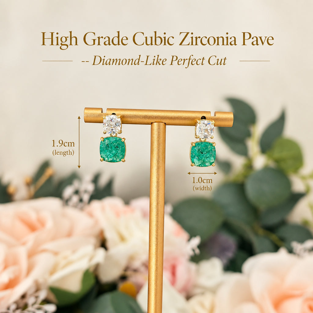 Green Cubic Zirconia Square Drop Earrings | Gold Party Jewelry