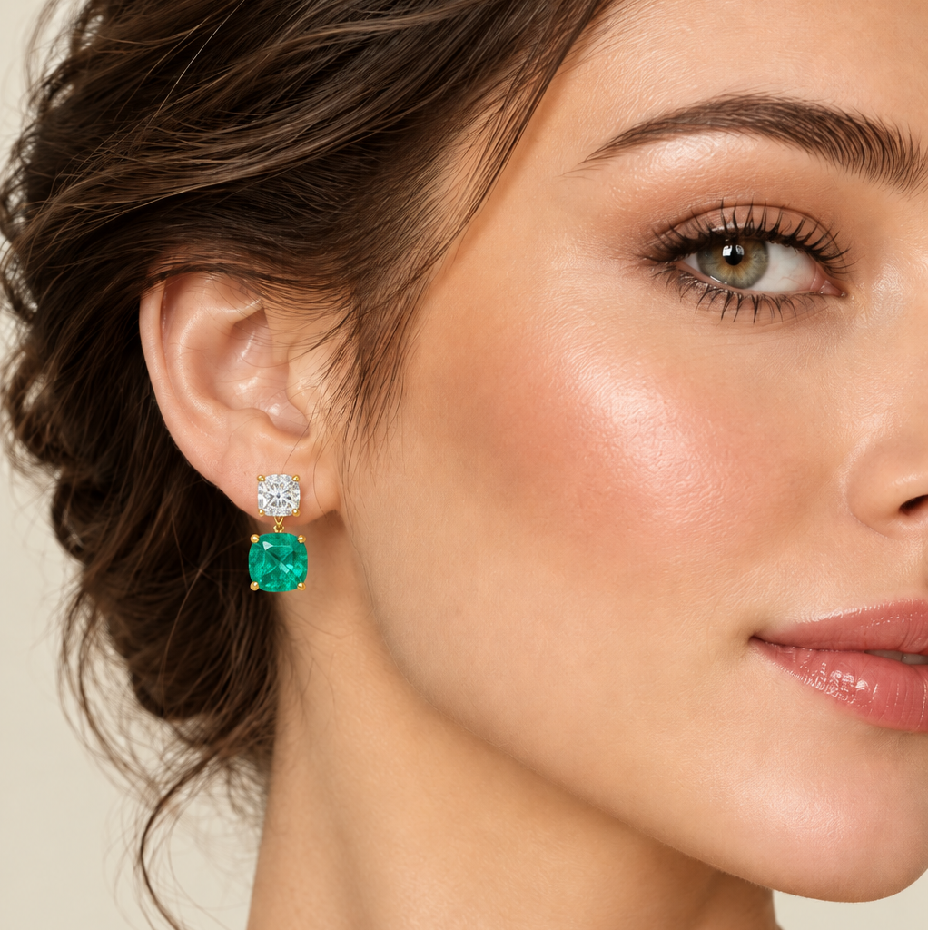 Green Cubic Zirconia Square Drop Earrings | Gold Party Jewelry