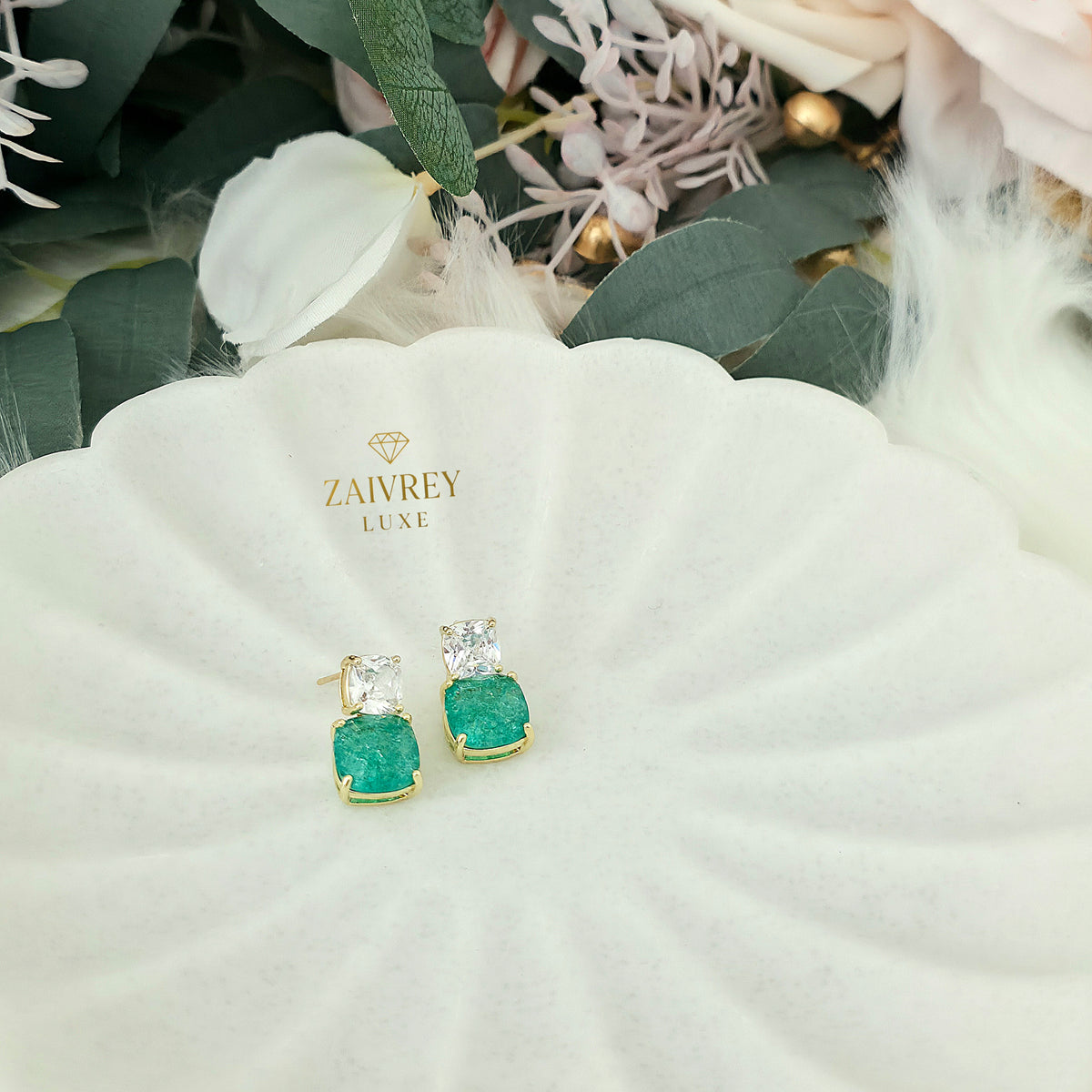 Green Cubic Zirconia Square Drop Earrings | Gold Party Jewelry