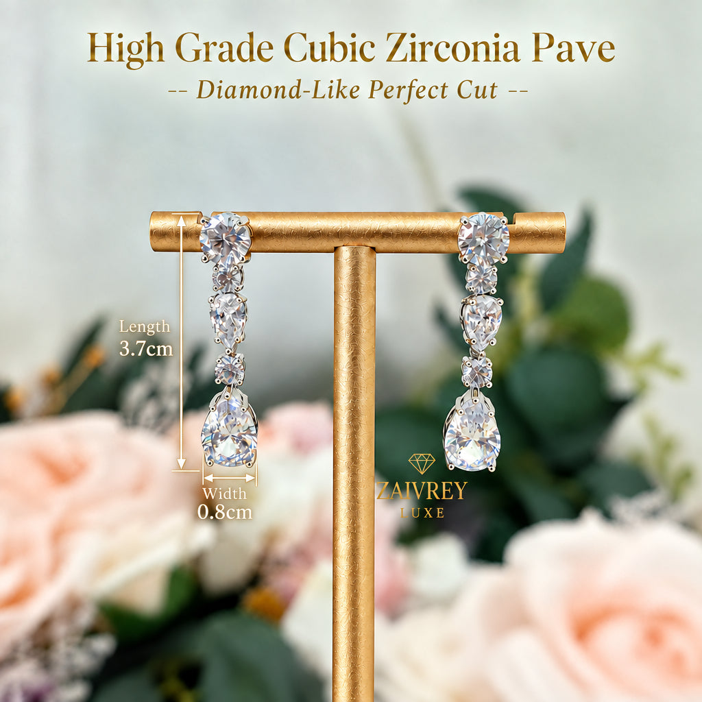 Clear Cubic Zirconia Linear Drop Earrings | Silver Bridal & Wedding Jewelry