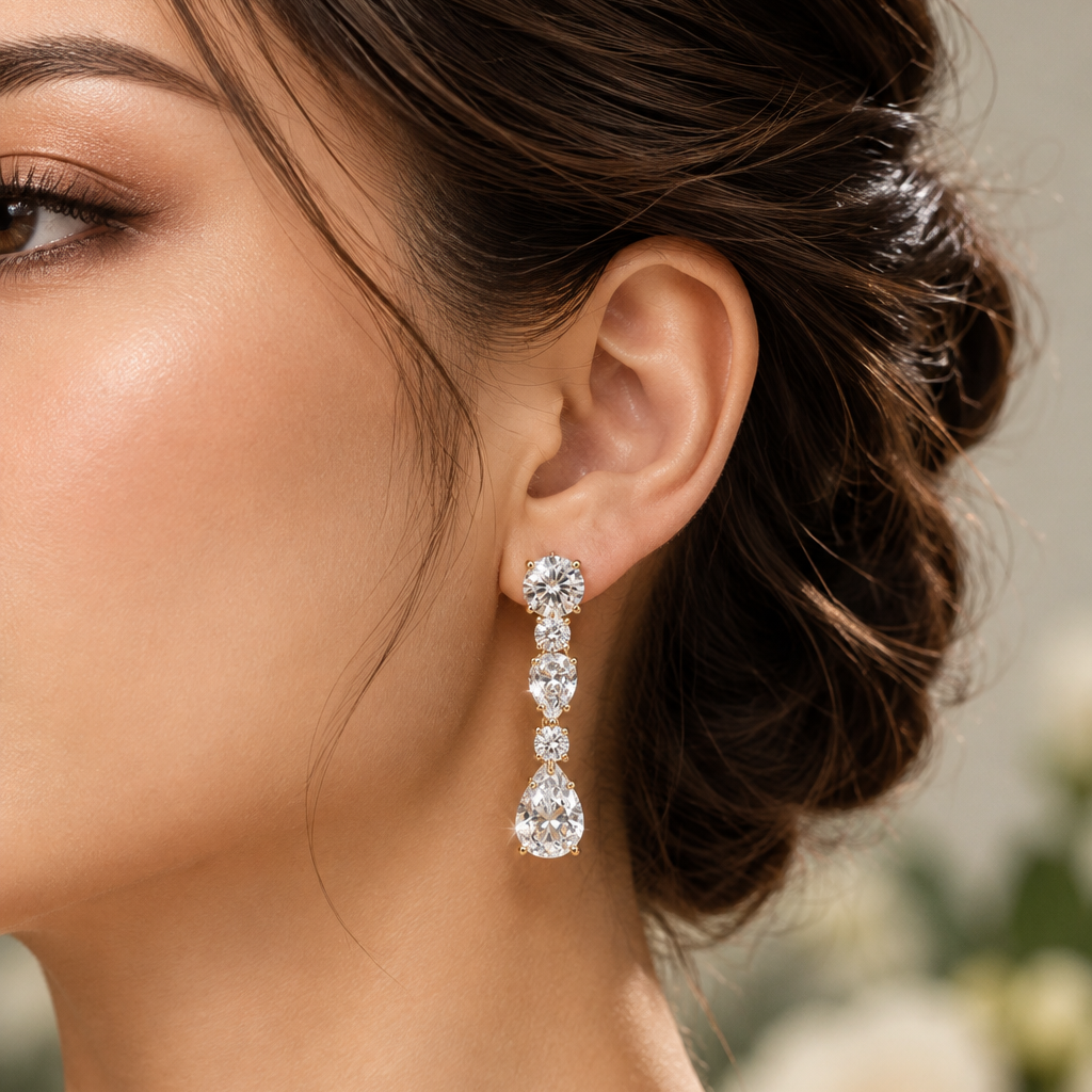 Clear Cubic Zirconia Linear Drop Earrings | Silver Bridal & Wedding Jewelry
